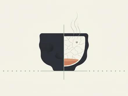 極簡幾何插畫：暖奶油白背景，畫面中央一只手捏茶碗的剪影被一條細鼠尾草綠垂直斷層線一分為二；左半是溫潤無裂的深炭黑實心釉面，象徵京都本家『手捏、一碗一窯』的靜寂哲學；右半由十數條細灰褐網狀貫入裂紋、兩三縷上升煙絲與一抹金屬光澤橘構成，象徵美式樂燒『窯後還原、鋸木屑悶燒』的偶然與戲劇性；碗內一汪陶土橘色茶湯為畫面唯一飽和點。底部一條淡灰褐水平虛線等距分布 16 顆小圓點，象徵樂家 16 代一子相傳的時間軸。整體為莫蘭迪低飽和類比暖色系扁平幾何極簡風格，無漸層、無人物、無立體書本、無漢字、無商標，滿版構圖。