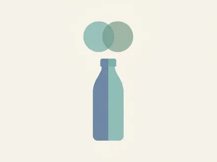 極簡幾何插畫：畫面中央一只飲料瓶，瓶身垂直對半分割成霧藍與青綠兩色，象徵金車與大塚各出一半的 50/50 合資；瓶口上方兩個圓相互交疊融合，象徵兩家公司合力做出同一罐產品。暖米白背景、霧藍與青綠的低飽和莫蘭迪類比色系、大量留白、flat design、無文字。