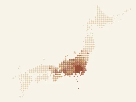 極簡幾何扁平插畫：奶油白背景上，一個由許多小圓點排出的日本列島輪廓，列島邊緣的圓點逐漸稀疏、淡出，僅中央（象徵東京）一處圓點高度密集、顏色最深；莫蘭迪低飽和暖色系、無漸層、無文字。