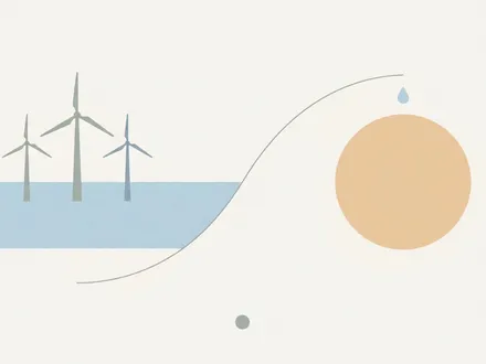 極簡幾何插畫：左側海平面上矗立一排幾何化的離岸風機，右側是一片單純線條構成的晶圓與一滴垂落的藥水，兩者由一條纖細的線牽向畫面中央一枚低調的圓點，象徵三井物產隱身在台灣綠電與半導體供應鏈背後的同行者角色；背景以低飽和霧藍、暖灰與淺橙構成，大面積留白