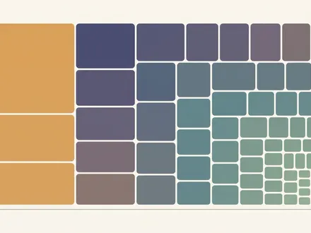 極簡幾何插畫：約五十個大小遞減的圓角矩形以 treemap 方式從左上鋪向右下，面積階梯象徵日本上市企業的市值排行；左上角最大的一塊以暖赭金點出市值龍頭，其餘依序縮小並沿霧靛藍、板岩藍灰、霧青到鼠尾草綠的低彩度莫蘭迪類比色層層退遠，底部一道細水平基線收束，四周留大面積暖米白