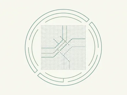 極簡幾何插畫：一塊以細密網格與資料點構成的霧青色布料方塊，外圍環繞一圈同心的護城河狀弧線，布料表面浮現如電路般的織紋，象徵 UNIQLO 以有明計畫的數據與東麗科技布料築起的雙重護城河；低飽和藍綠類比色襯暖白底，呈現偽裝成服飾店的科技公司意象